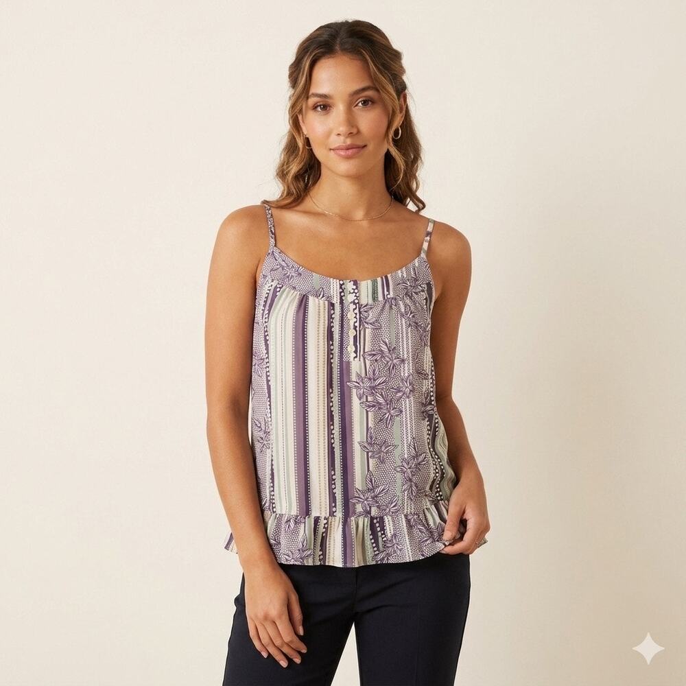 To The Max 100% Silk Tank Top Camisole‎ Medium M Purple Floral Stripe Ruffle